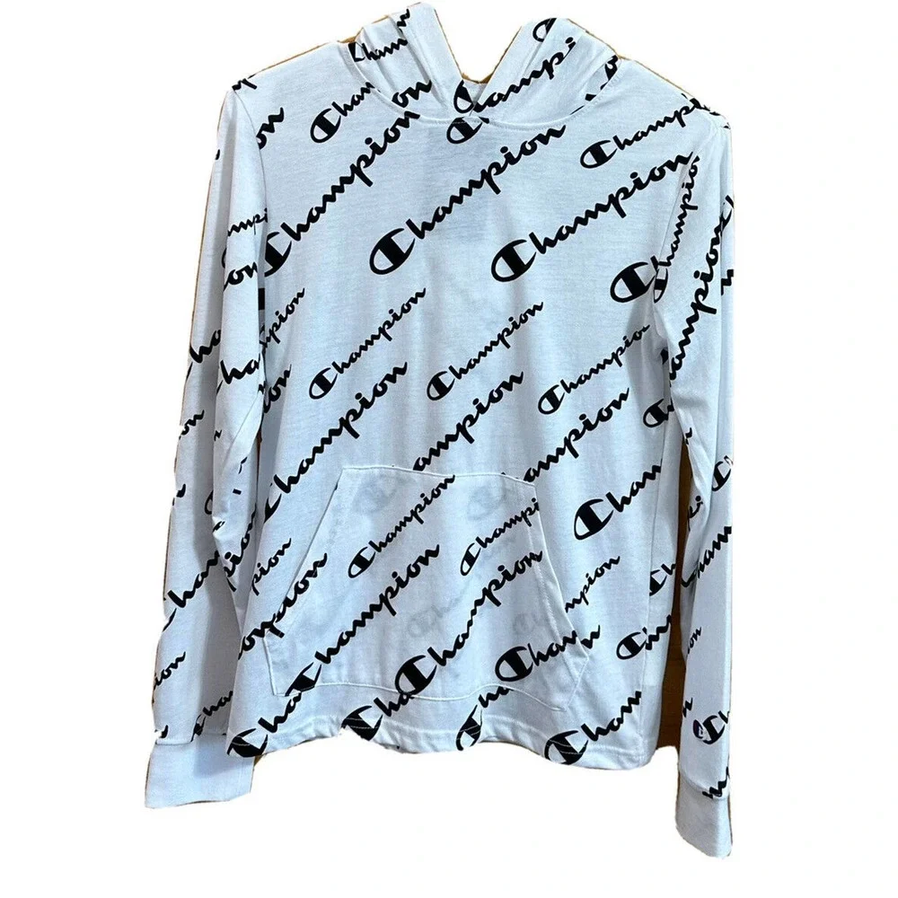 NWT, Boys CHAMPION White Hooded Long Sleeve Pullover Shirt Size Large, Logo